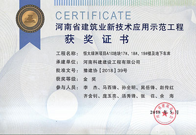 “恒大绿洲项目A10地块17#、18#、19#楼及地下车库工程”荣获“河南省构筑业新技术利用示范工程”金奖