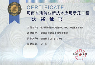 “恒大绿洲项目A10地块17#、18#、19#楼及地下车库工程”荣获“河南省构筑业新技术利用示范工程”金奖